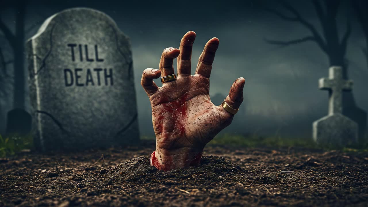 A Gruesome Hand Emerges from the Grave in a Dark Cemetery Scene, Symbolizing the Eternal Struggle Between Life and Death Seen in a Haunting Atmosphere