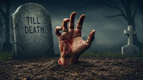 a gruesome hand emerges from the grave in a dark cemetery scene, symbolizing the eternal struggle between life and death seen in a haunting atmosphere