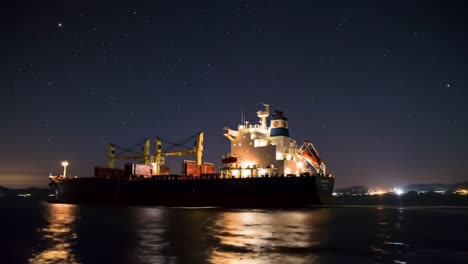 a majestic cargo ship illuminated under starry night sky, showcasing its silhouette reflected in calm waters, capturing the essence of maritime transport and nighttime serenity