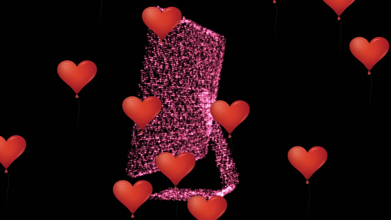 múltiples globos en forma de corazón rojo flotando contra el modelo de computadora 3d girando sobre un fondo negro