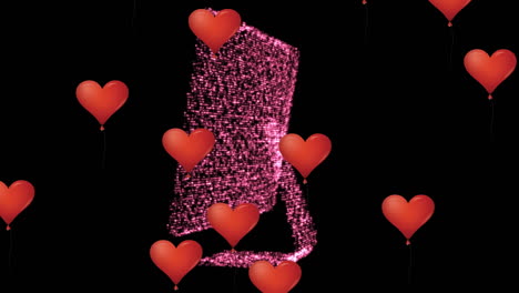múltiples globos en forma de corazón rojo flotando contra el modelo de computadora 3d girando sobre un fondo negro