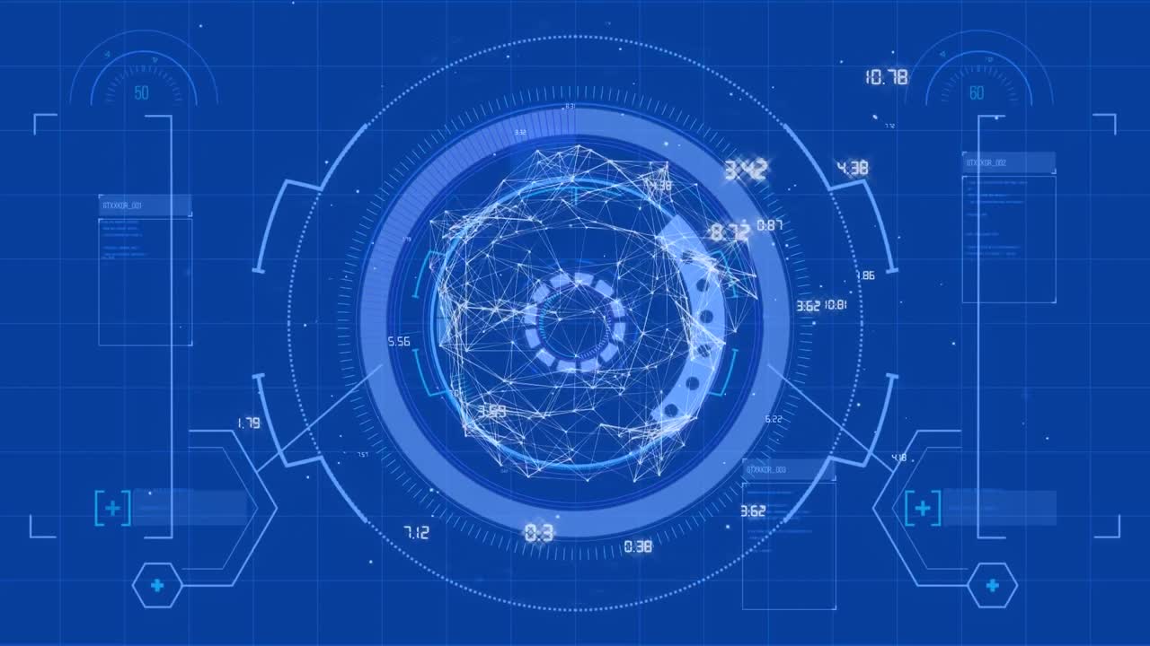 파란색 배경에 있는 그리드 위의 범위 스캐닝과 데이터 처리 애니메이션