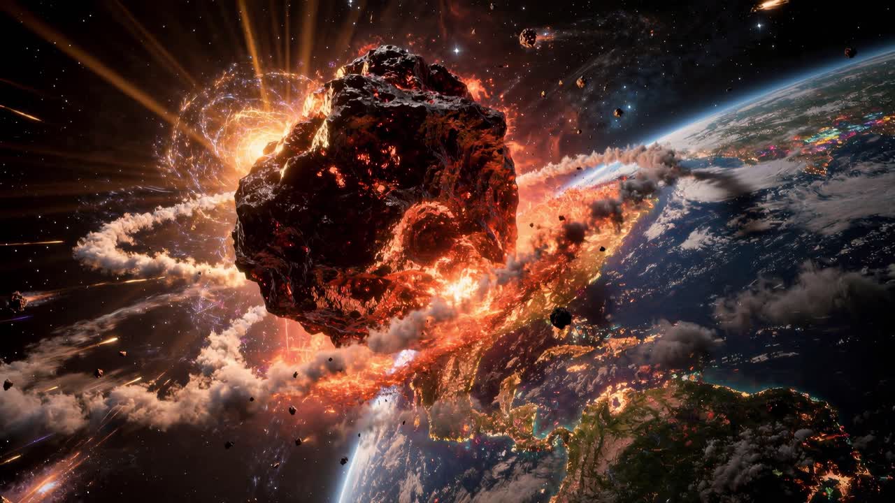 Un gigantesco asteroide si scontra con la Terra, proiettando detriti infuocati, nubi incandescenti e onde d'urto nello spazio in una drammatica scena apocalittica di fantascienza