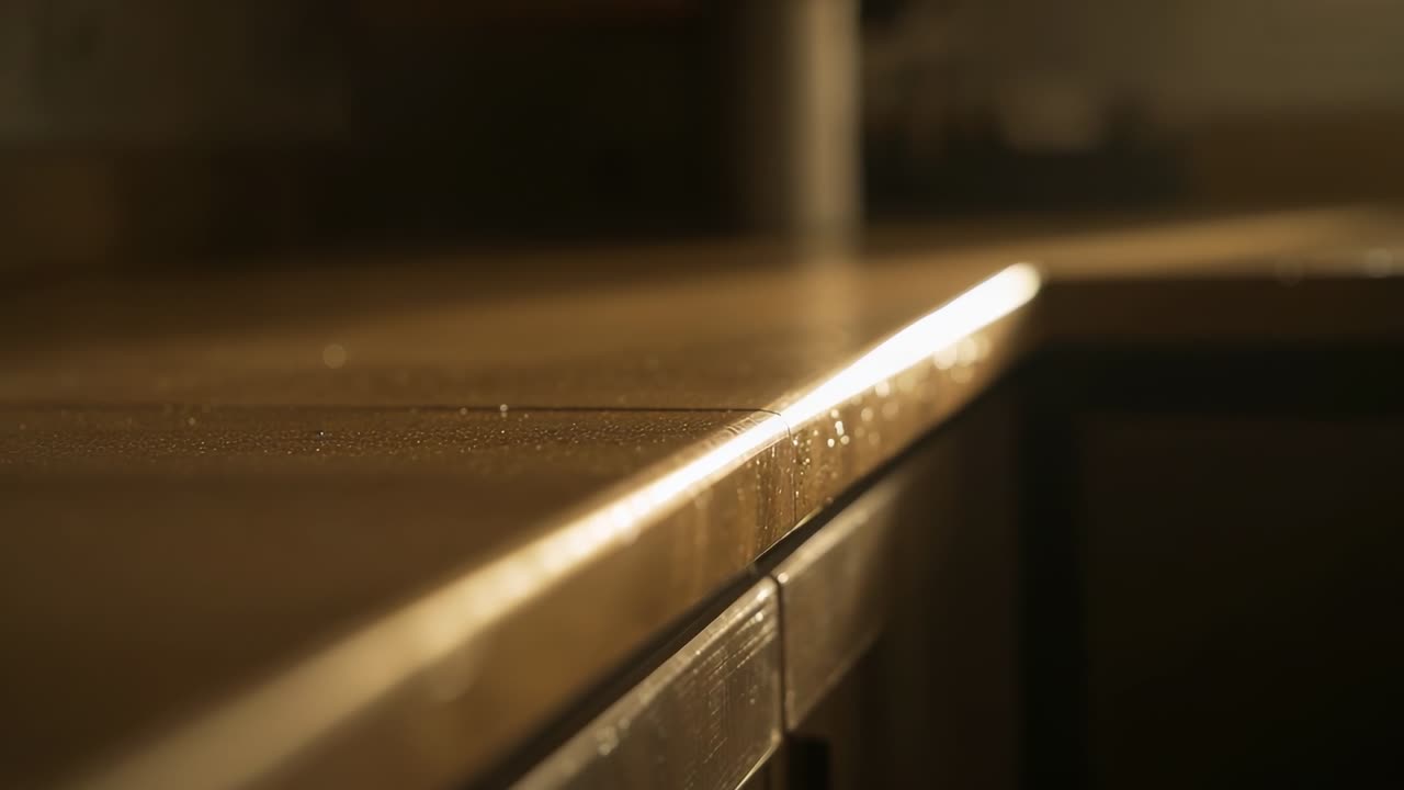 Fascio di luce solare che si sposta da destra lungo il bordo del bancone della cucina vicino al lavello, con scintille di pulviscolo