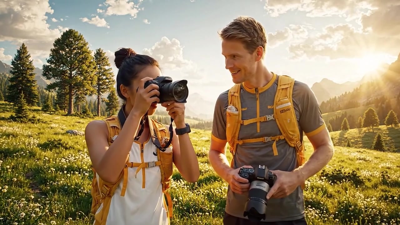 Explorando la Serenidad de la Naturaleza: Fotógrafos Aventureros en un Exuberante Paisaje Verde Capturando Momentos de Belleza e Inspiración Bajo un Majestuoso Cielo al Atardecer.