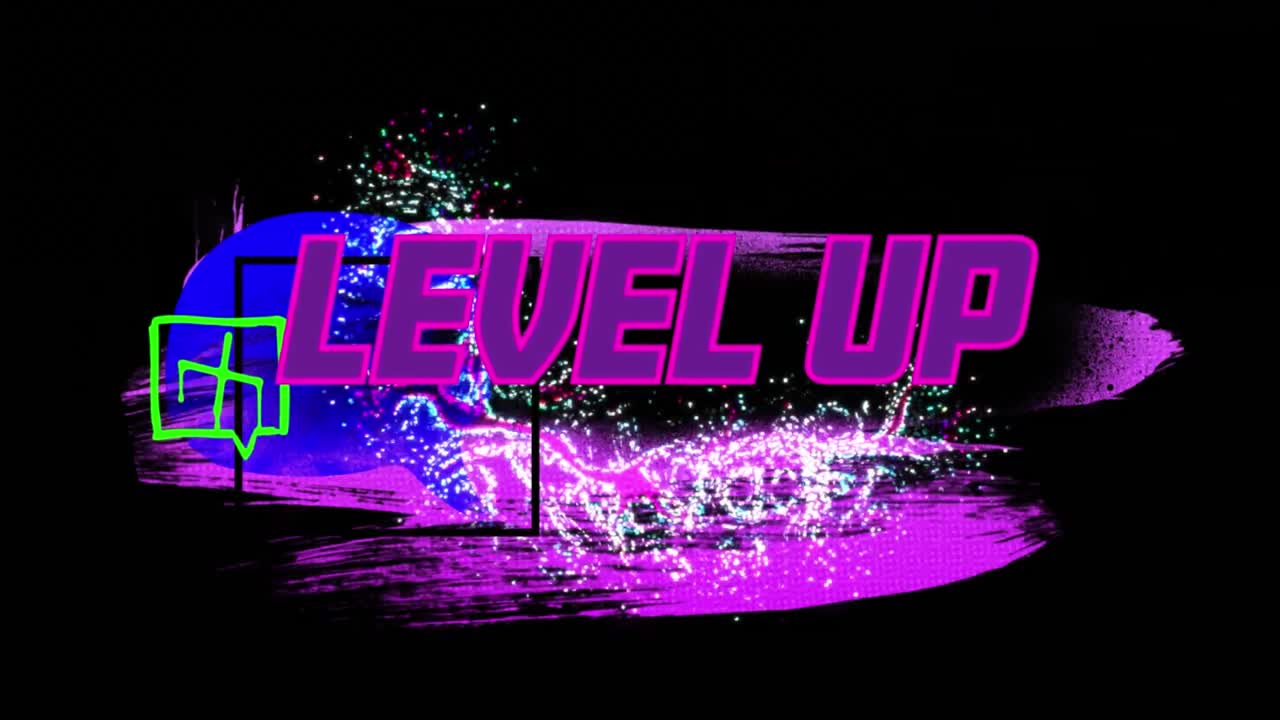Animation of level up text over shapes on black background