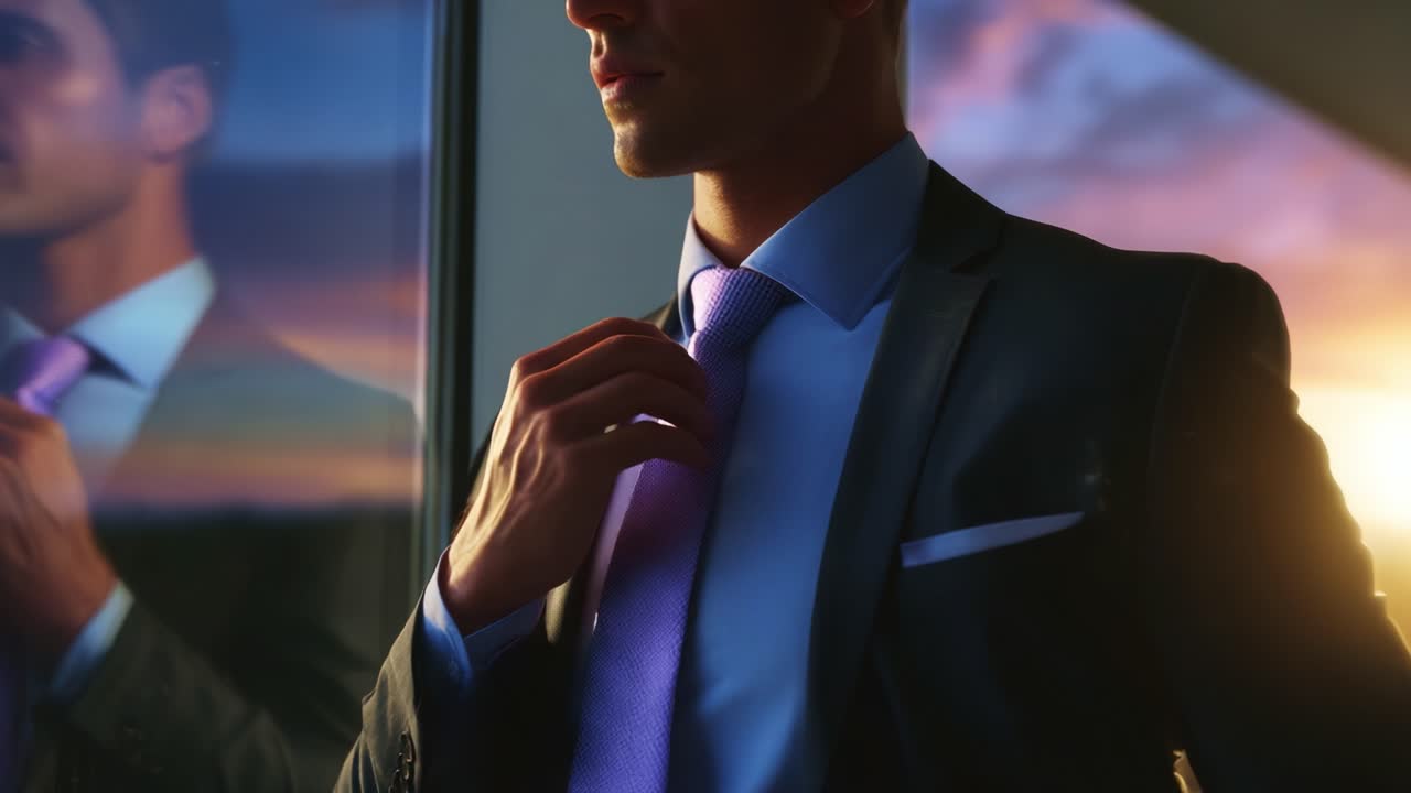 A sophisticated, elegantly dressed individual adjusts their tie in front of a window, reflecting the beautiful sunset hues while exuding confidence and professionalism in a polished suit setting