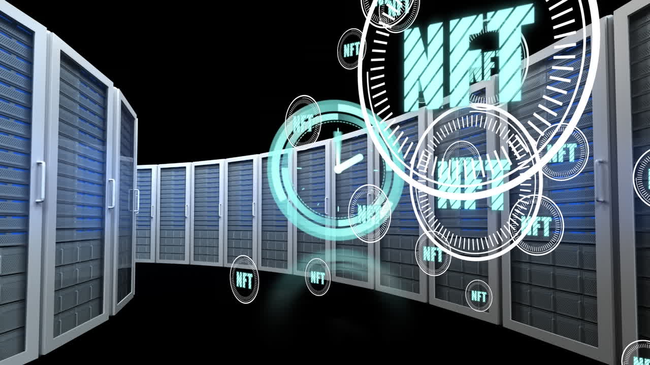animación de nft en círculos flotando sobre el reloj y servidores en fondo negro