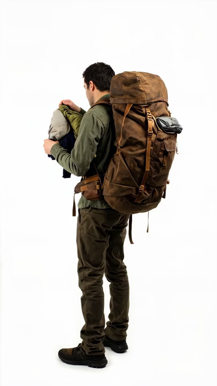 Man Packing Gear into a Large Backpack