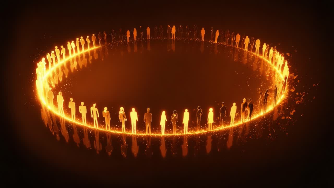 A Mesmerizing Display of Silhouetted Figures Encircling a Glowing Orb of Light, Creating an Enigmatic Atmosphere of Unity, Mystery, and Vibrancy in a Dark Surrounding, Capturing a Unique Visual Experience