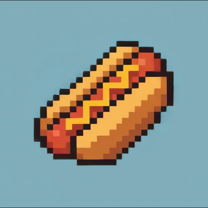Animeret Pixelkunst Hotdog med Sennep på Blå Baggrund.