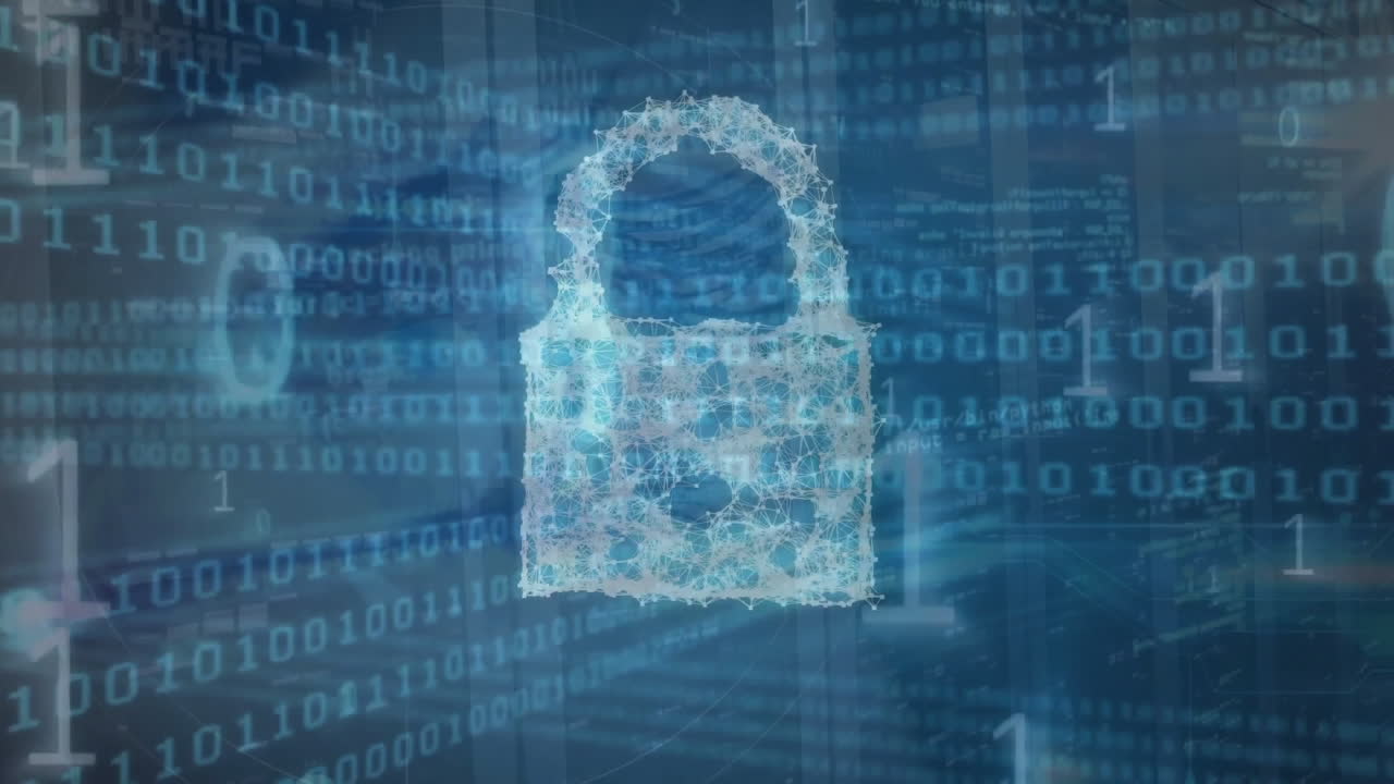 animación del icono del candado con procesamiento de datos y ojo sobre la sala del servidor