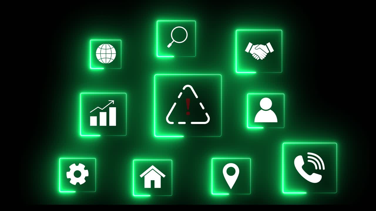 Interface digital animada com ícones de neon brilhantes e símbolo de alerta