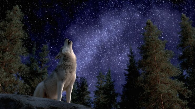 Un lobo majestuoso aúlla bajo un cielo estrellado, capturando la esencia de la naturaleza en un hermoso paisaje nocturno lleno de estrellas brillantes y exuberantes árboles de hoja perenne