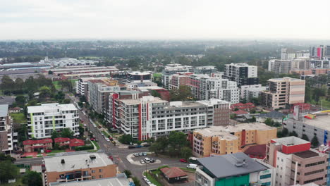 aerial drone shot flying around apartments in liverpool sydney australia