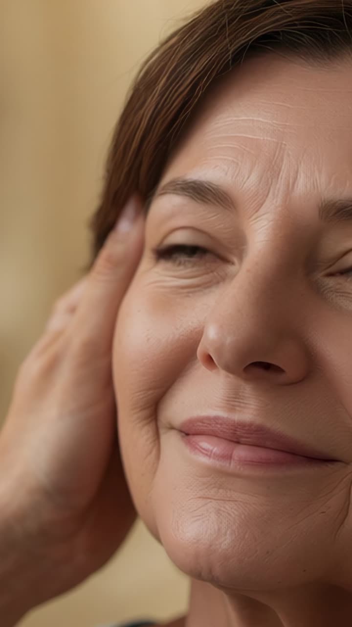 Vertical video: Entering from left hand caressing senior woman's temple in bedroom, expressing care