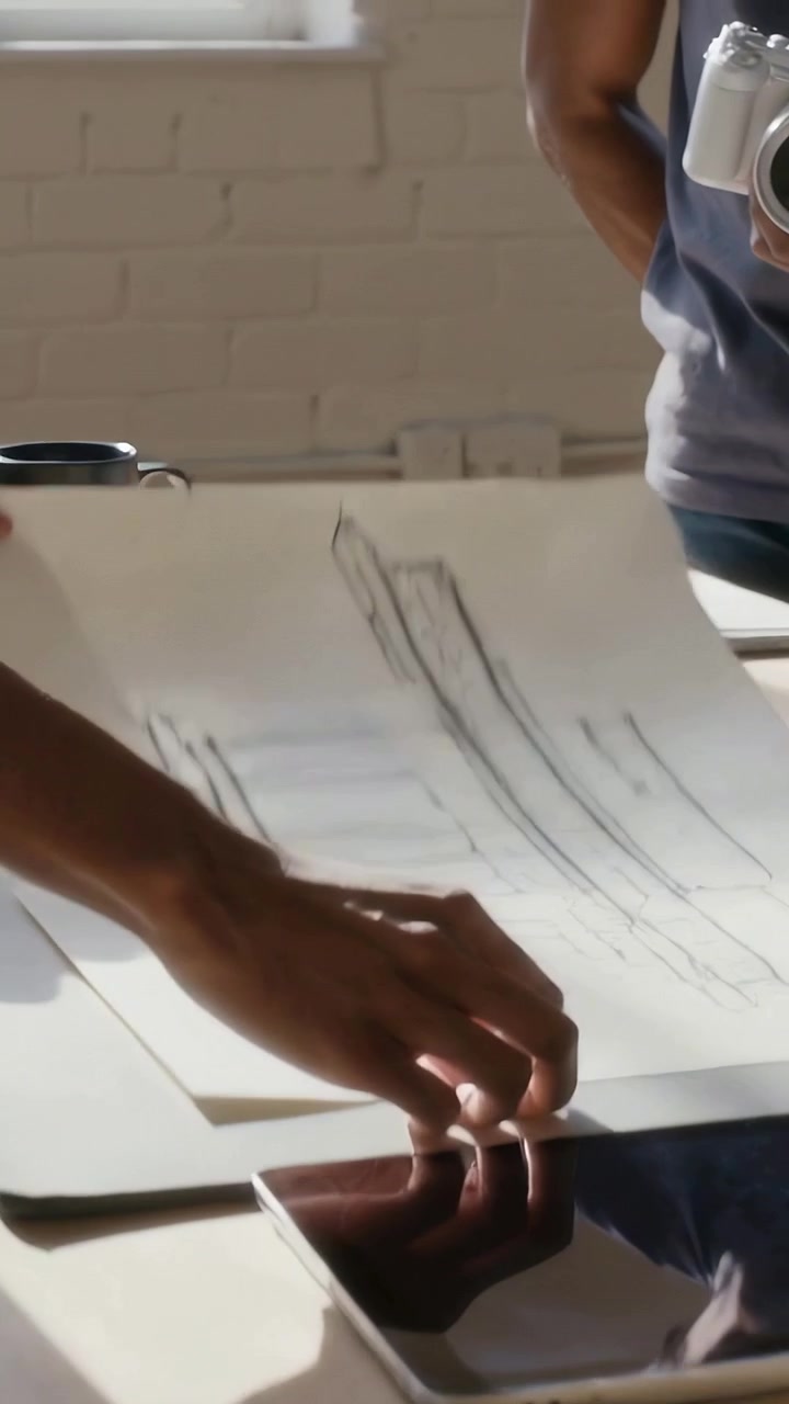 Vertical video: Sliding sheet showing sketches, man holding camera checking in loft, tee