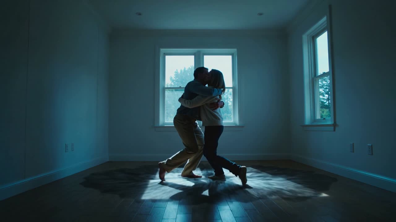 Coppia che si abbraccia vicino a una finestra, si muove, si inginocchia e si bacia, un'ombra amorevole abbassa la silhouette per un film