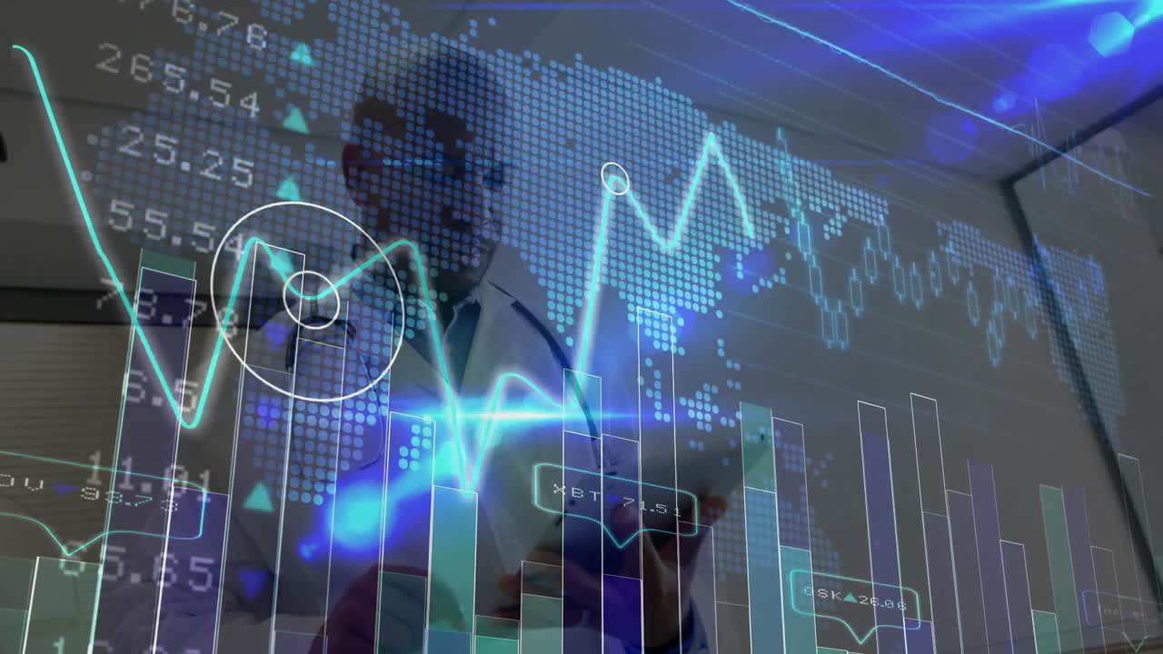 Male doctor analyzing holographic medical data charts and dotted world map in clinical lab