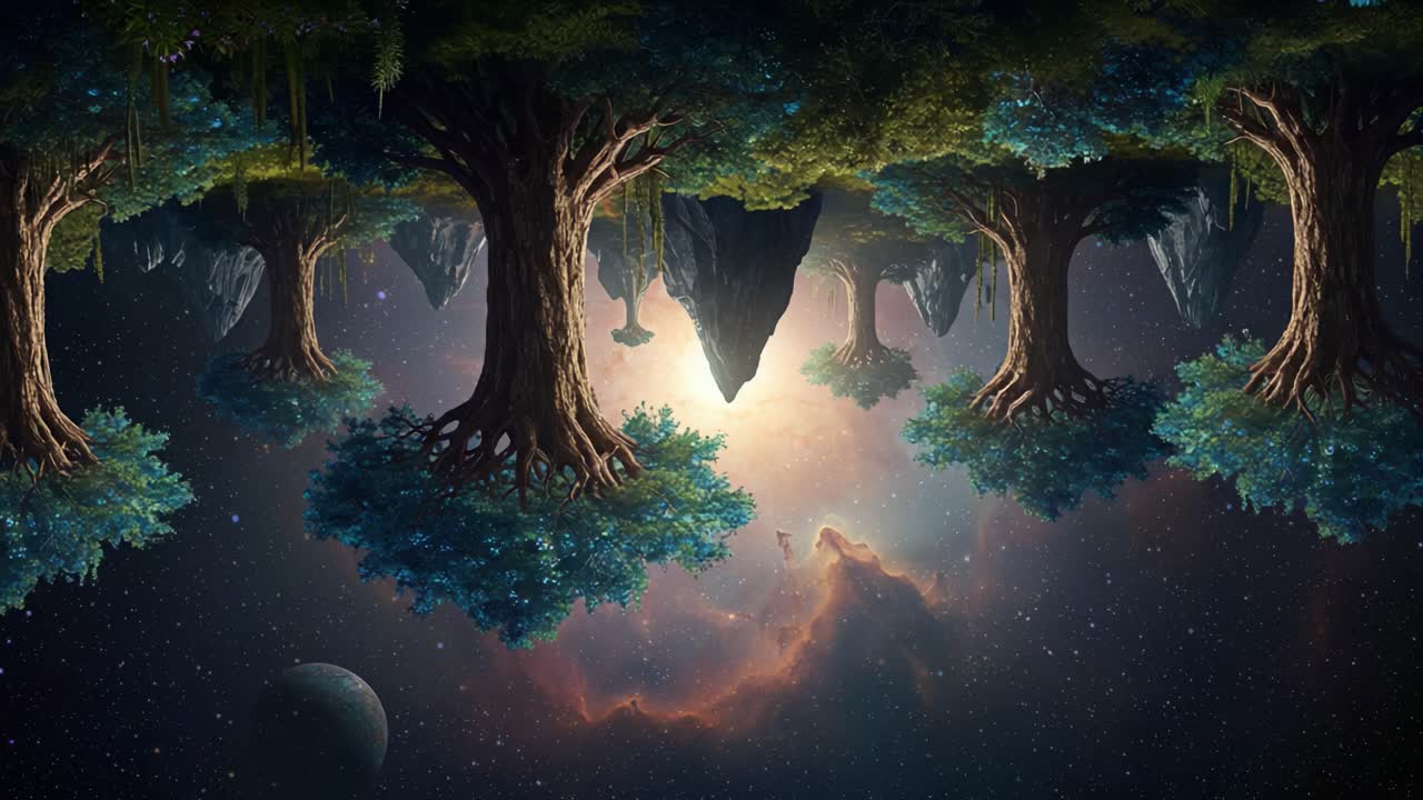A breathtaking cosmic landscape featuring lush trees amidst a swirling galaxy backdrop, where nature and the universe merge in a stunning visual spectacle of vibrant colors and depth