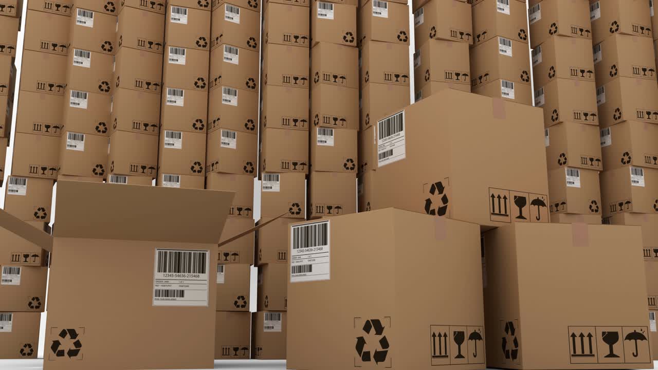 여러 개의 플라이드되고 쌓인 카드보드 상자의 애니메이션