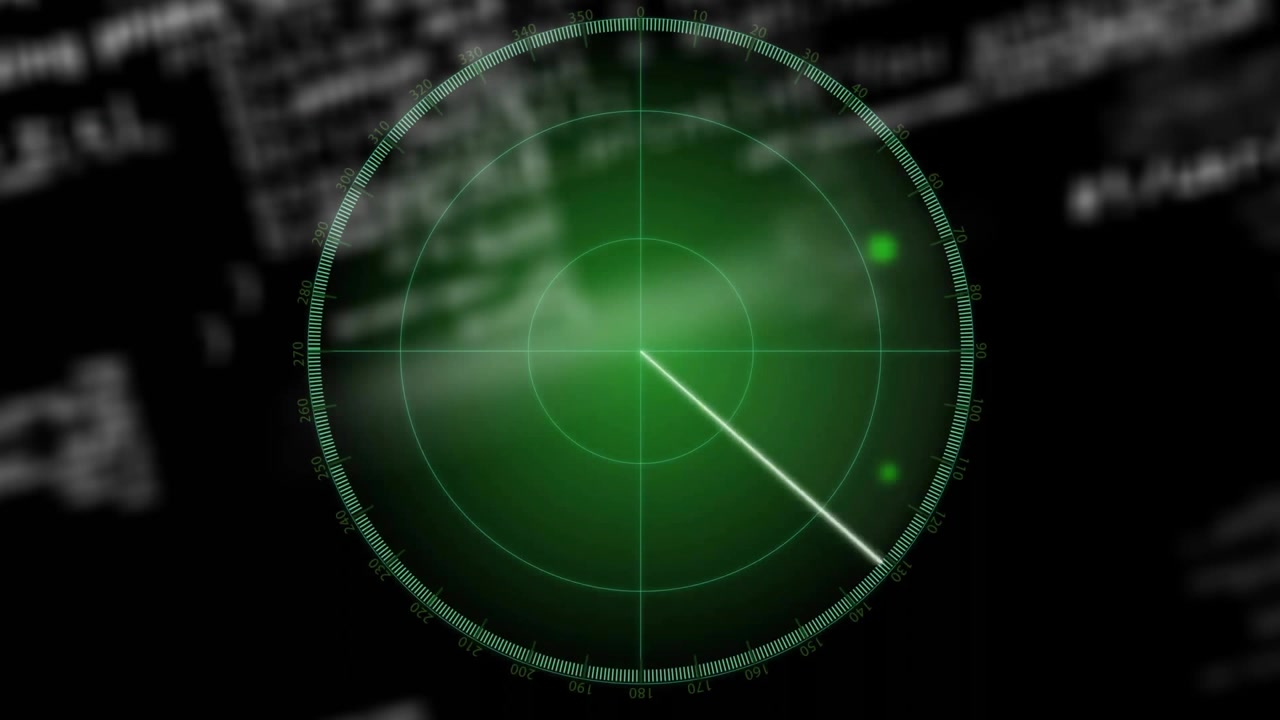 Emerging green scan line sweeping radar display marking blips for monitoring code signal activity