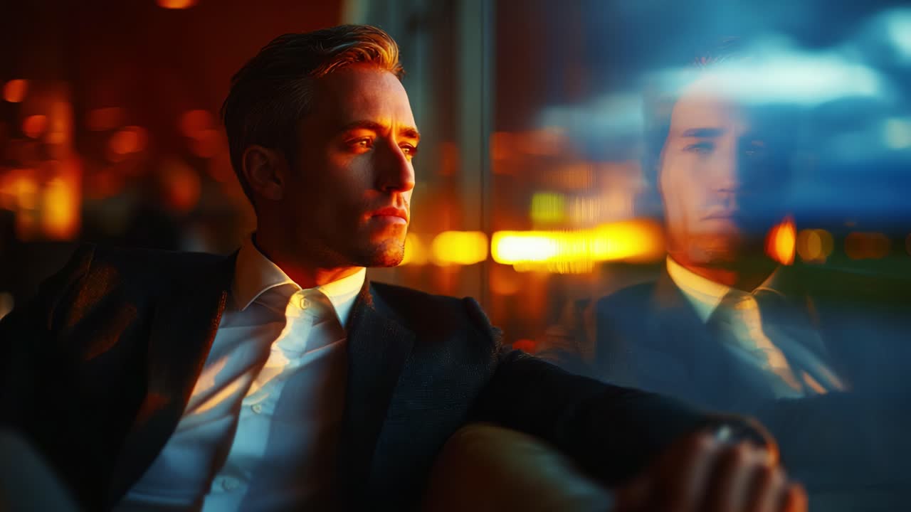 A thoughtful man gazes out of the window, surrounded by a warm glow of ambient light that reflects his contemplative mood, capturing a moment of introspection and serenity in a sophisticated atmosphere