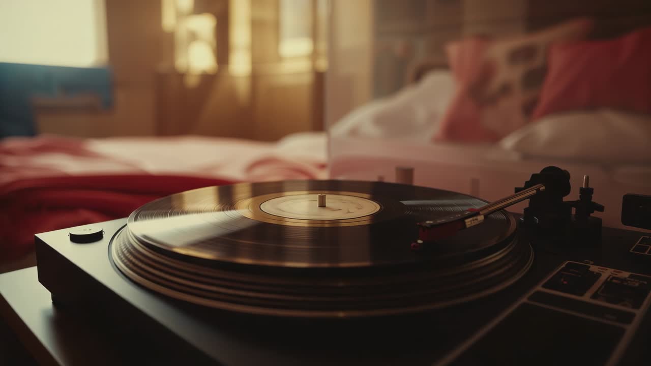 Spinning turntable vinyl record under tonearm in bedroom, with warm morning light, red bedding blur