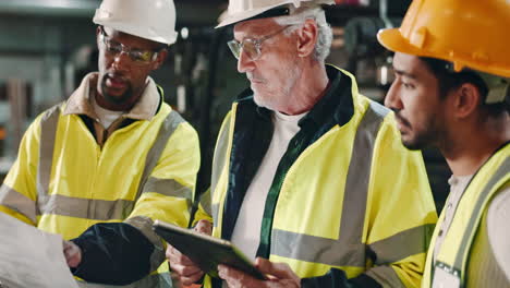 construction workers planning with blueprints and tablet