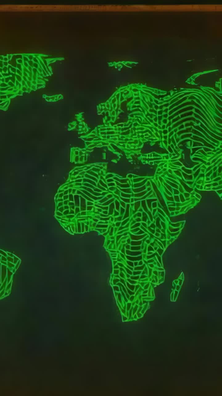 Vertical video: Pulsing orange bar causing green scan lines sweeping wireframe world map on screen