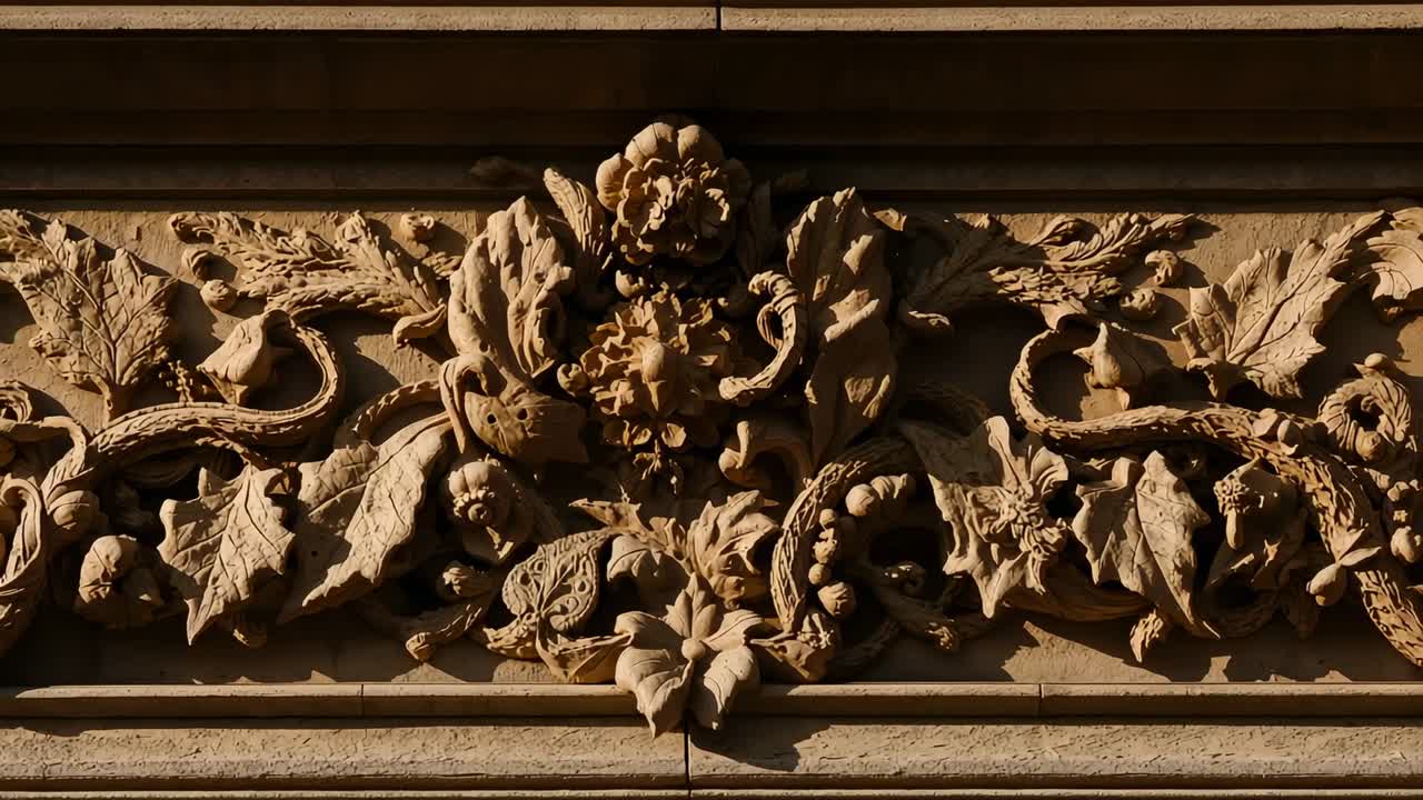 Zooming camera moving after wide view showcasing relief rosette and grapevine leaves on facade