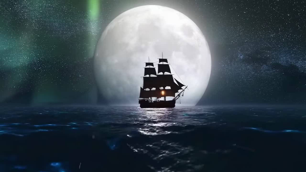 満月とオーロラの下、夜の海に浮かぶ帆船