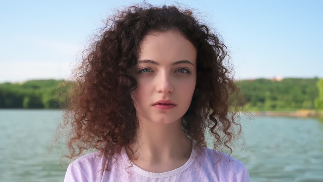 Young curly woman wearing a black protective mask with a lake in background. Close up. Corona Virus idea
