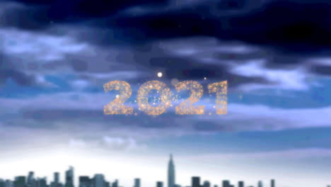 golden 2021 text over fireworks exploding against clouds in the sky