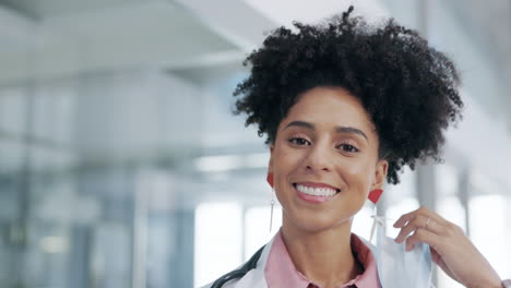 Covid,-face-and-woman-doctor-remove-a-mask