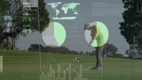 putting on green, golfer with data analytics and animation overlay in background