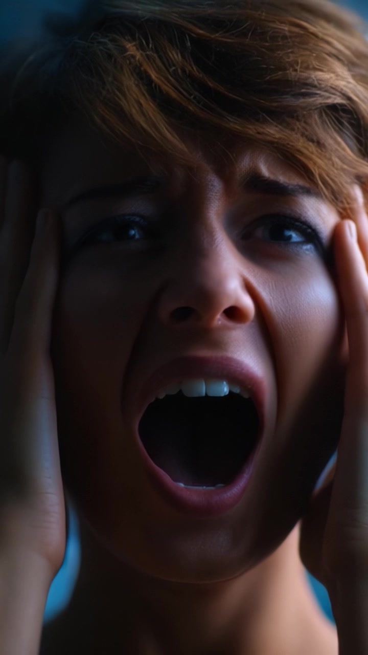 A distressed woman with intense emotions, expressing anguish through her contorted facial expression and heartfelt scream, conveying an overwhelming sense of despair and frustration.