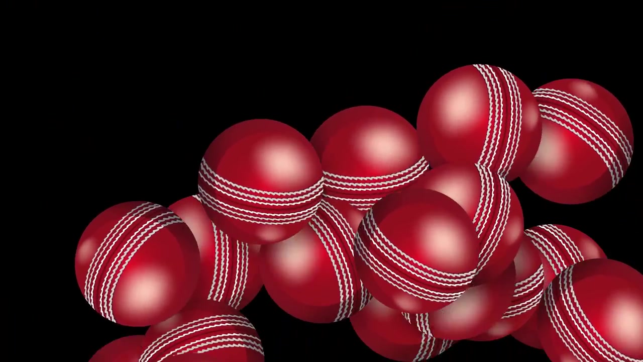 Dynamisk animering av flera röda cricketbollar i läder som faller och studsar på svart bakgrund