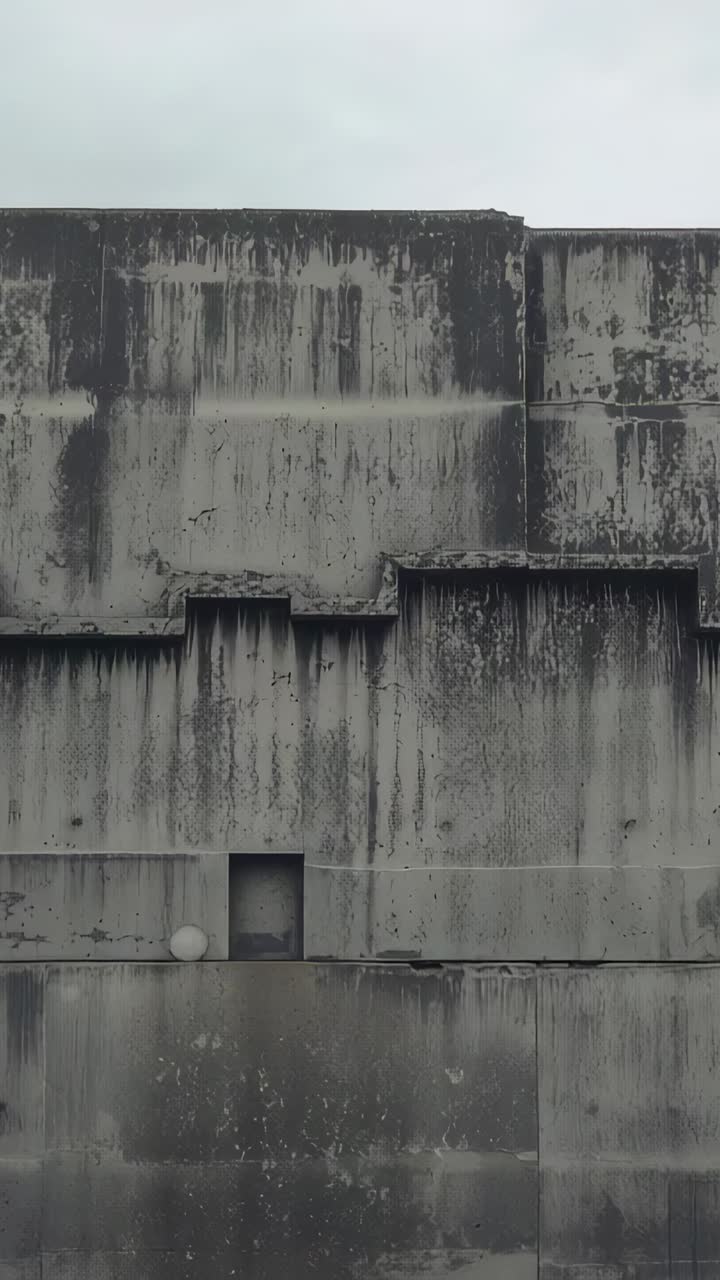 Vertical video: Recording camera filming concrete wall from ground showing streaks ledges door dish