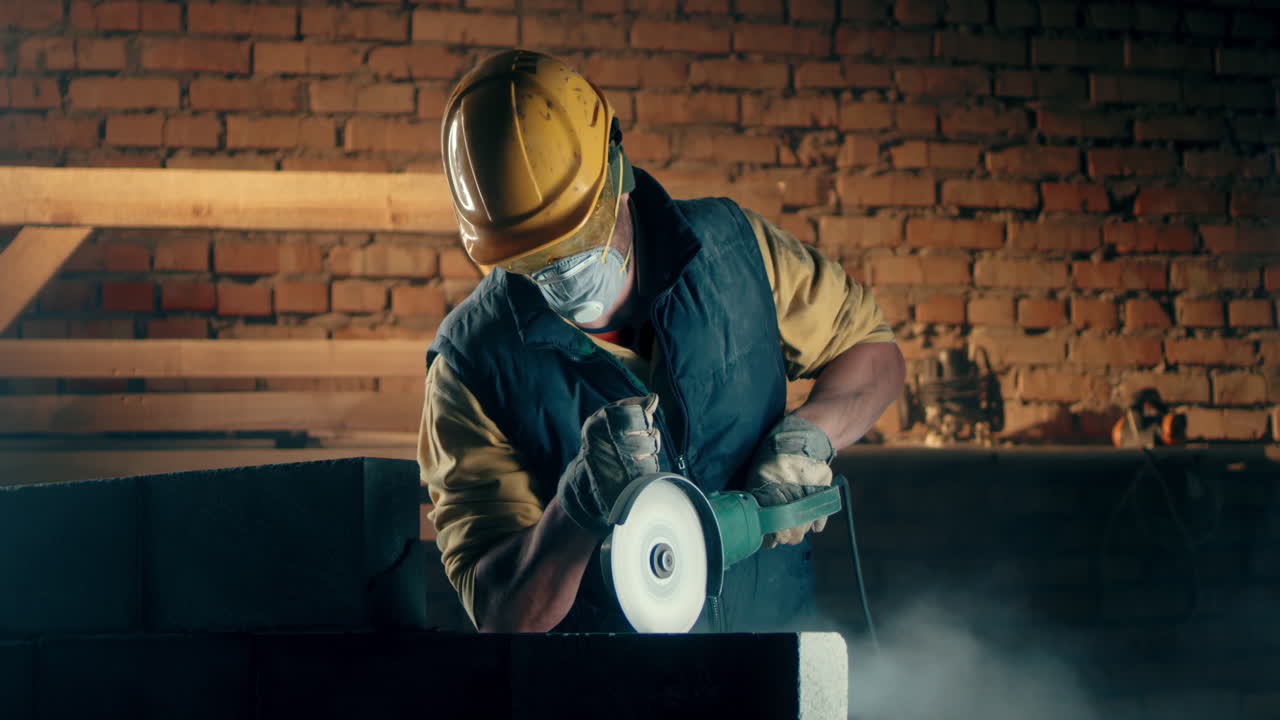 trabajador de la construcción que corta bloques de hormigón