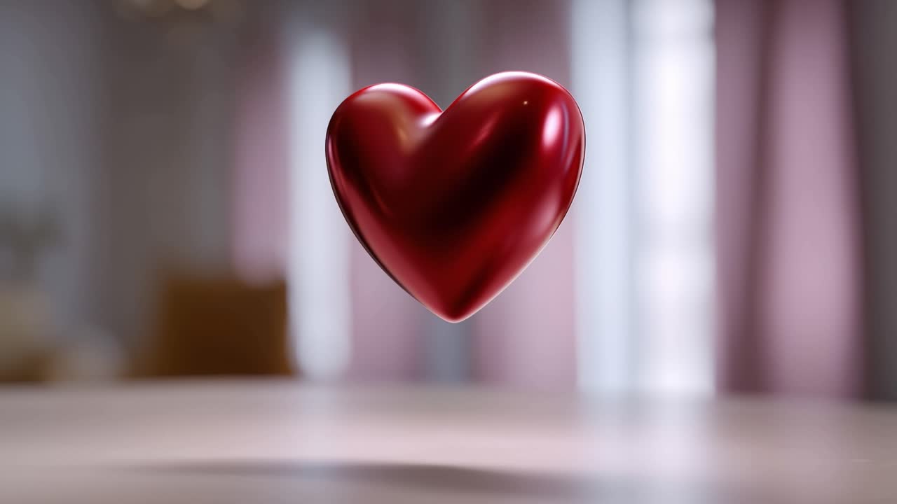 Cuore rosso fluttua delicatamente sopra una superficie di legno. Lo sfondo sfocato (bokeh) delicato aggiunge profondità sognante e messa a fuoco. La luce si riflette sulla sua superficie lucida, sottolineando l'emozione. Ideale per contenuti romantici e sentiti.
