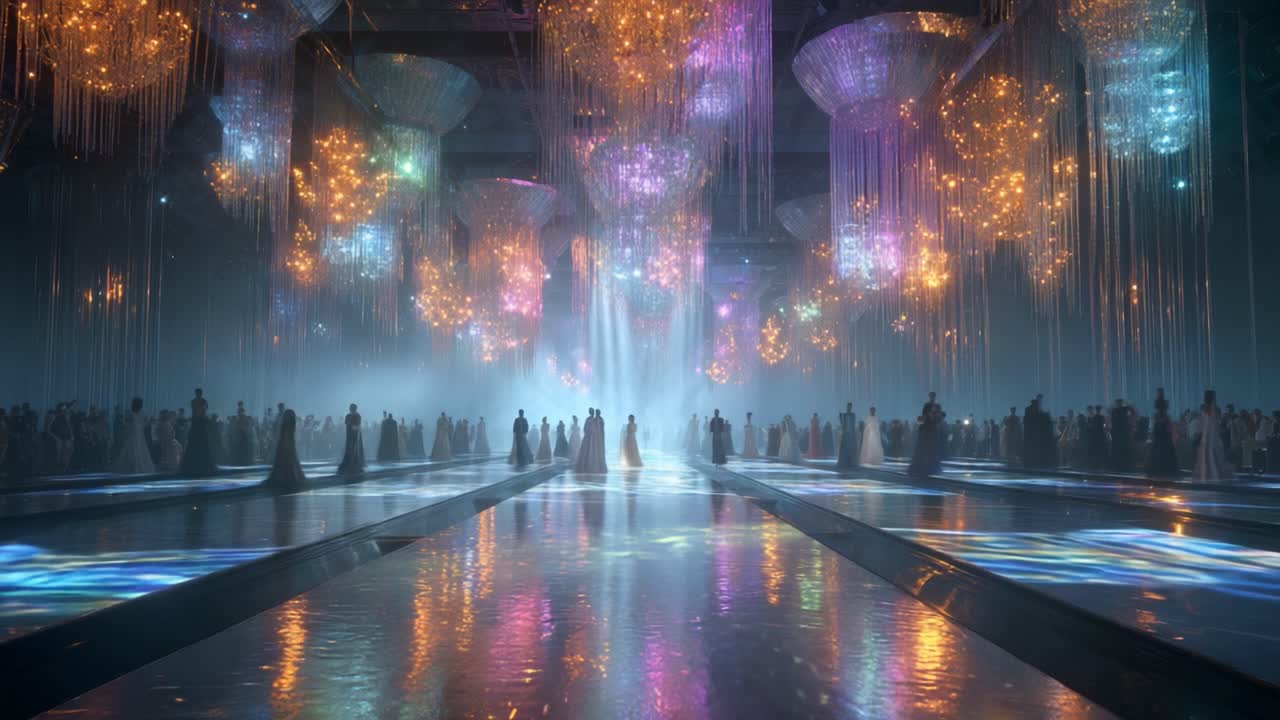 Elegant Ballroom with Chandeliers and People