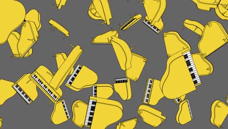 many yellow pianos on gray background.