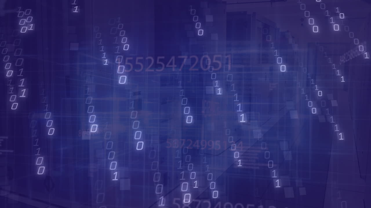 Animation of binary code and numbers floating over digital cityscape background