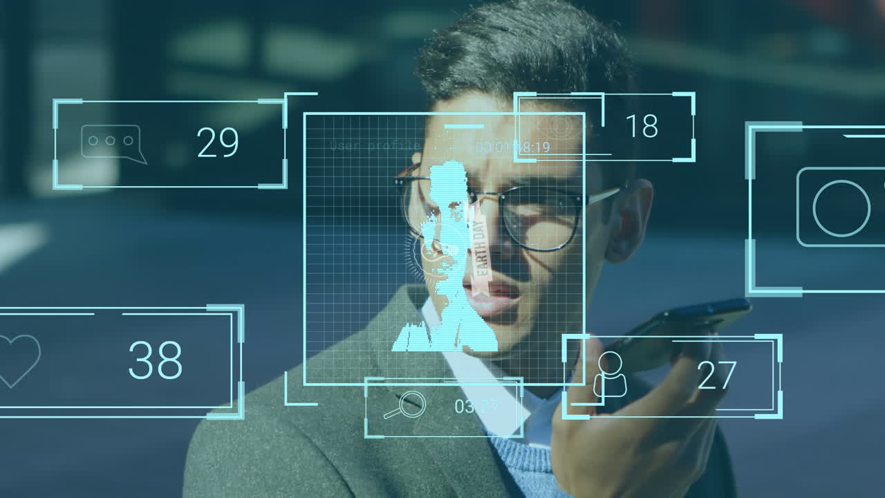 animación de iconos de perfil y banner de texto del día de la tierra contra el hombre indio que usa un teléfono inteligente al aire libre