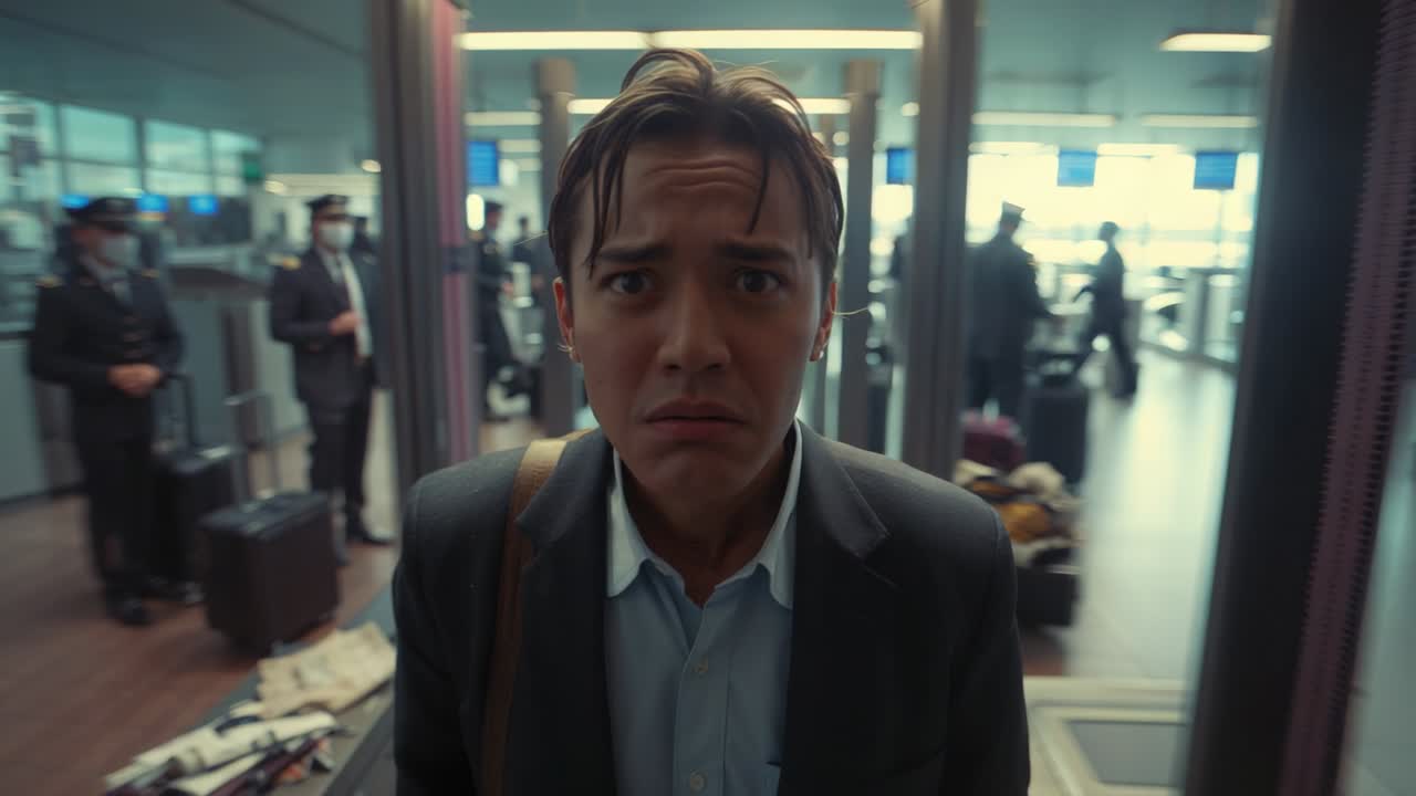 On officer signal business traveler stepping into metal archway at airport screening, with anxiety