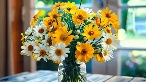 a vase filled with yellow and white flowers sitting on a wooden table