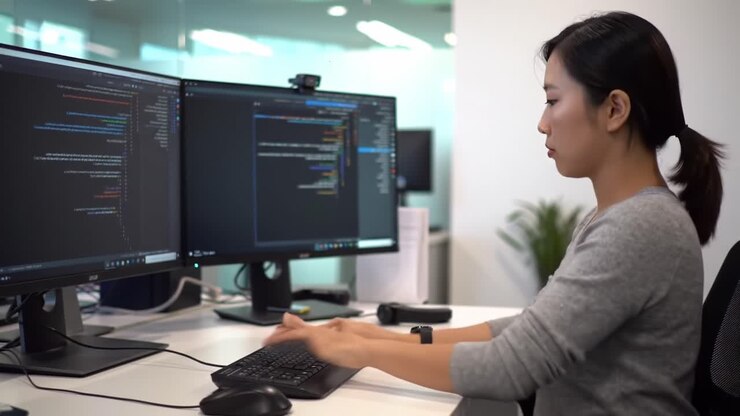 Fokuseret softwareudvikler programmerer på to skærme i et moderne kontormiljø med ren æstetik og højteknologisk udstyr