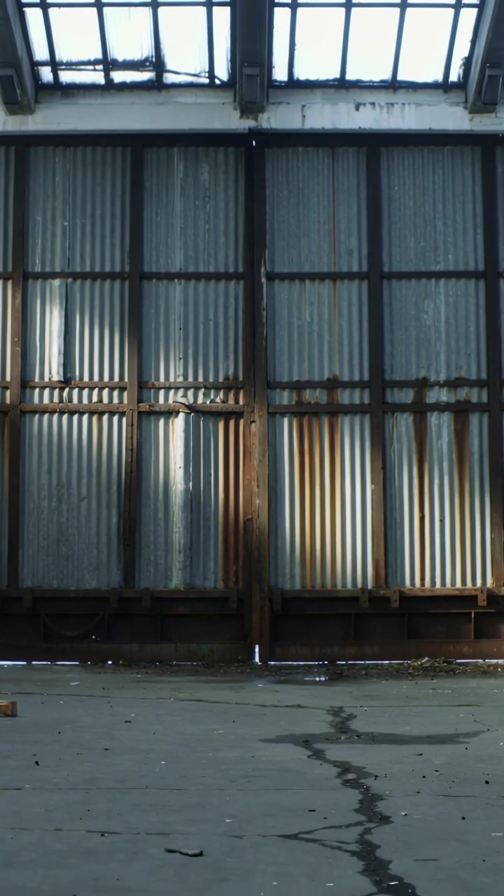 Vertical video: Shifting sunlight casting corrugated metal wall under skylights, showing rust seam