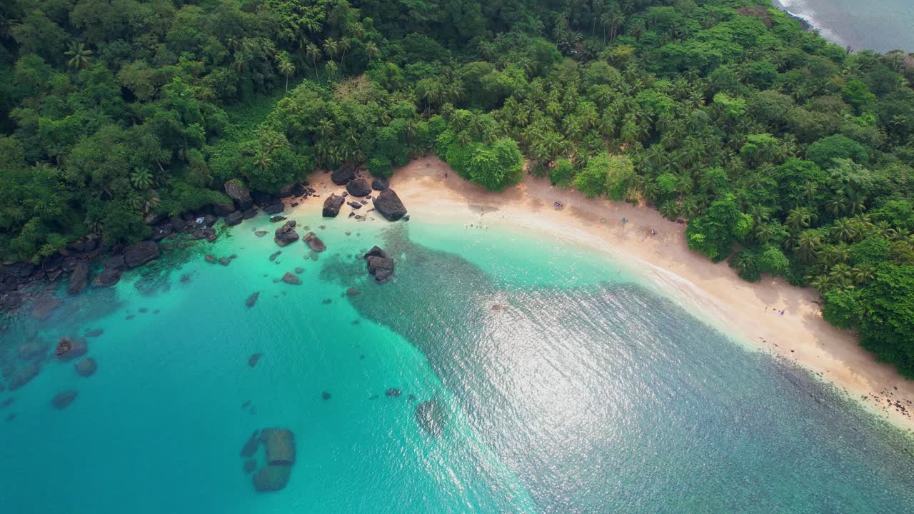 Bird eyes view from Banana beach with the sun shining at crystalline water,Ilha do Princie, São Tomé,Africa